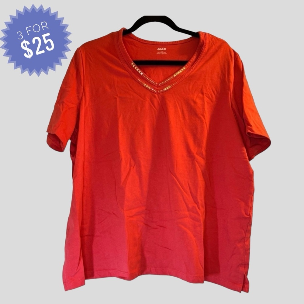 Sale Alia Women’s Top 1X Coral V-Neck Short Sleeves Sequins